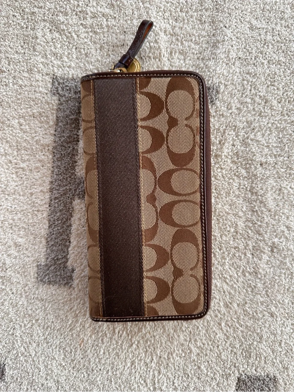 Coach Brown Signature Zip-Around Wallet with Dark Brown Stripe